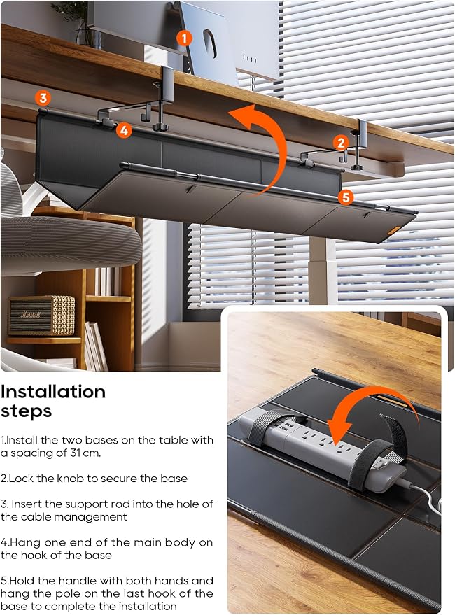 39" No Drill Under Desk Cable Management Tray (Black) | Fire-Resistant Thickened Nylon Material, Clip-on Cord Organizer to Hide Power Strip, Heat Dissipation Mesh Design, for Office