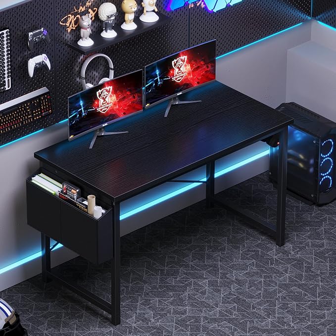 OLIXIS Computer Desk, 47 Inch Home Office Desks for Small Spaces, Writing Craft Study Gaming Table for Bedroom, Modern Computer Workstation with Storage Bag and Headphone Hook, Black
