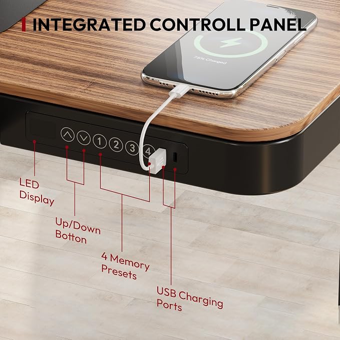 SANODESK Standing Desk with Drawer, Electric Height Adjustable Home Office Desk with Storage & USB Ports, 48 inch Black Walnut Wood Tabletop/Black Frame