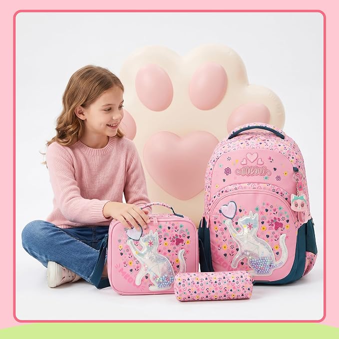 Backpack for Girls,Kids Backpack for Girls with Lunch Box Pencil Case Set Cute Cat Kids Schoolbag for Girl,Lightweight Travel Daypack Birthday Christmas for Girl Back to School Supplies