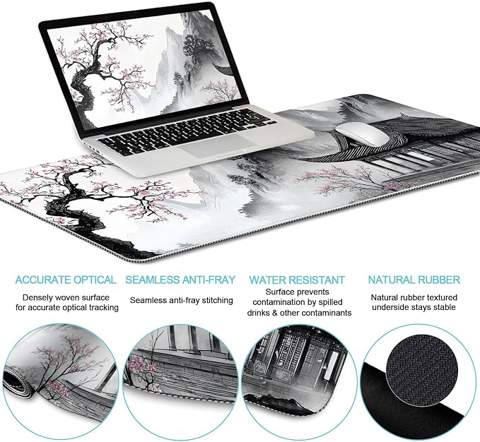 LIMKRIAN Japanese Ergonomic Mouse Pad Large Desk Mat Set, XXL Anime Mousepad with Wrist Rest, Wrist Support Gaming Keyboard Mat Cup Coaster Set, Japanese Style Office Desk Accessories Decor