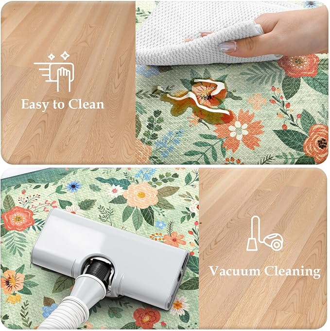 KIMODE Kitchen Mats for Floor Cushioned Anti Fatigue, Green Boho Flower Rug | 20"x47"+20"x32" Rugs for Kitchen Floor,Floral Kitchen Rugs Sets of 2,Comfort Kitchen Floor Mats,Standing Desk Mat for Sink