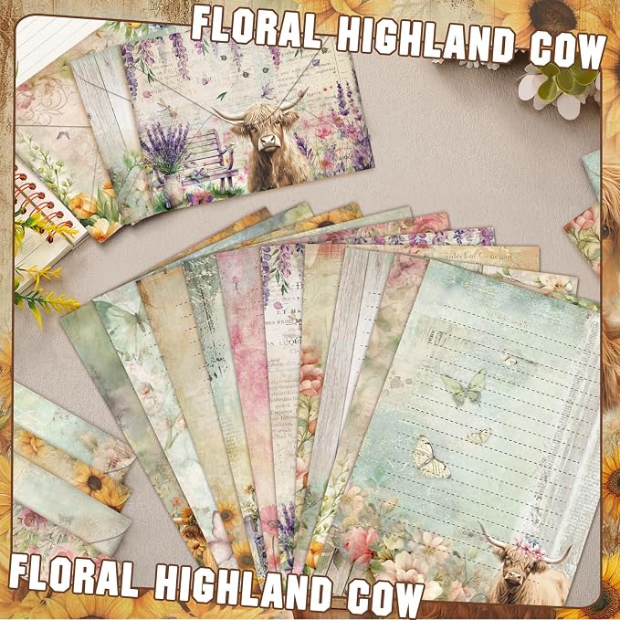 TaoBary 160 Pcs Stationery Paper Set 50 Double Sided Stationery Papers with 50 Matching Envelopes and 60 Round Dot Sticker, 10 Design(Floral Highland Cow,5.5 x 8.25 Inch)