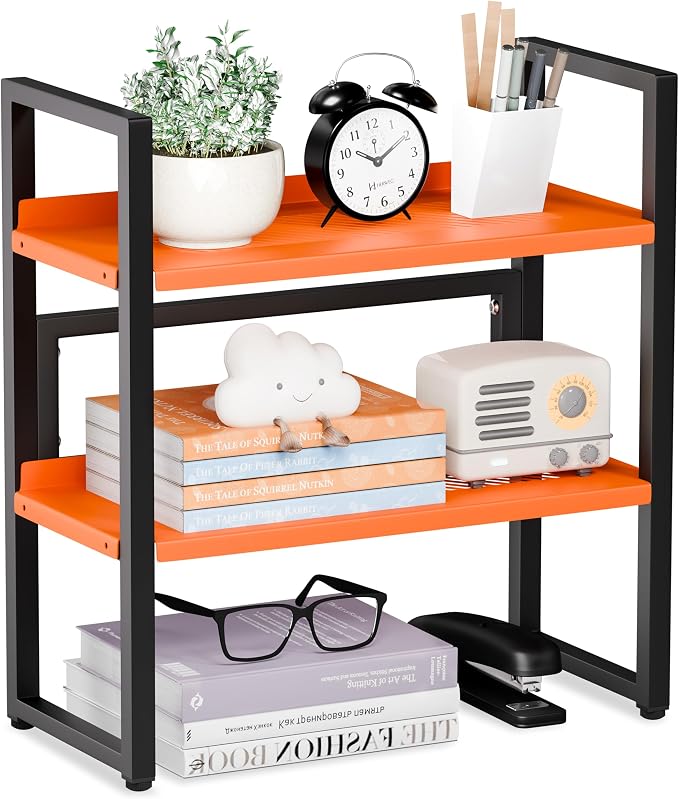 Brakki Desk Shelf Organizer, 2-Tier Desktop Bookshelf, Small Office Shelf | Adjustable Shelf, Metal Desktop Rack for Dorm, with Foot Mat, Multi-Functional Organization, Black and Orange