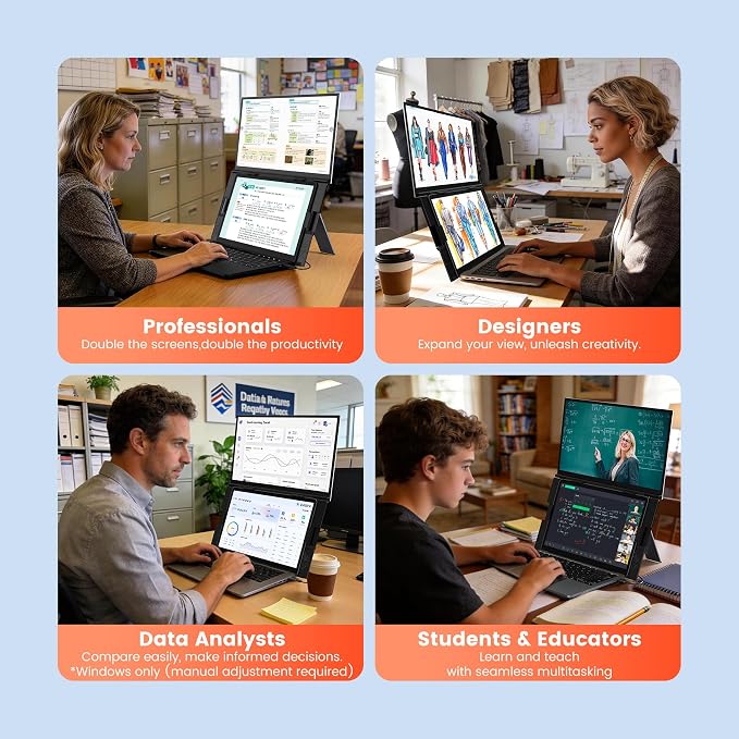 SMISEACOW Laptop Screen Extender 15.6" for 13-17.3'' Laptops, Portable Dual Monitor for Laptop, Ultra-Slim Clamp-On Vertical Dual IPS 1080P Screen Monitor Extender, USB-C HDMI for Office Travel