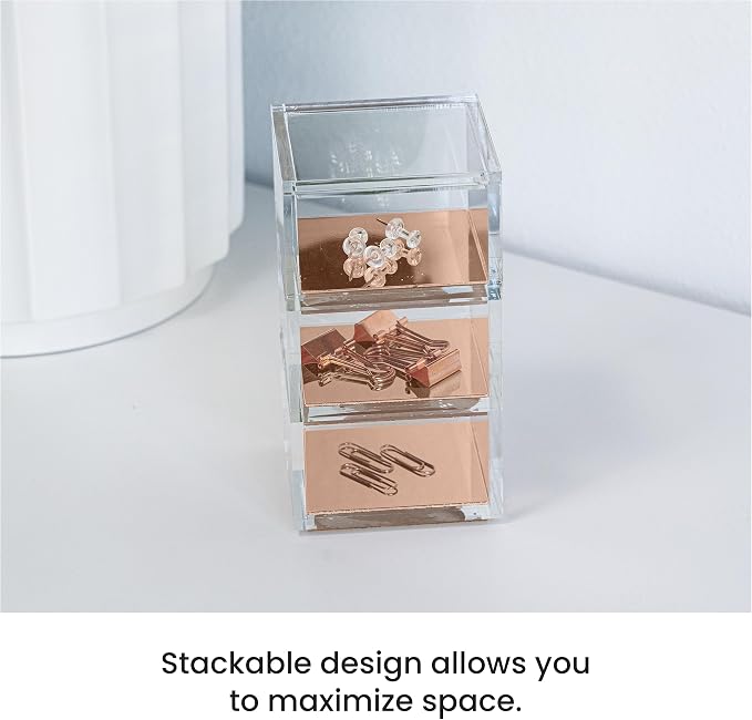3-Tier Stackable Acrylic Holder, Clear with Rose Gold Base | Stylish desk organizer and storage for office or home, Transparent square design, Functional and elegant desk accessories