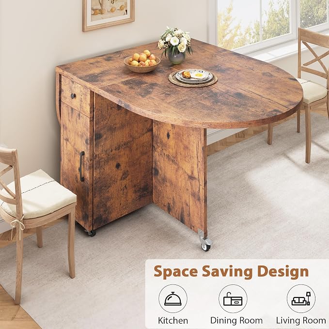 Jocoevol Round Folding Dining Table for 4, Space Saving Drop Leaf Kitchen Table with Storage Drawer, 6 Wheels Oval Gateleg Foldable Dining Table for Small Spaces(Vintage 47 * 23.6 * 30)