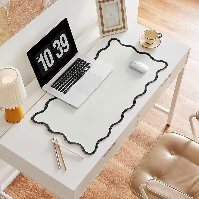 Scalloped Desk Mat, 31.5" x 15.7", PU Leather, Waterproof Anti-Slip, Cute Aesthetic Desk Pad for Office/Home/Game/Vanity (Black, 31.5" x 15.7")