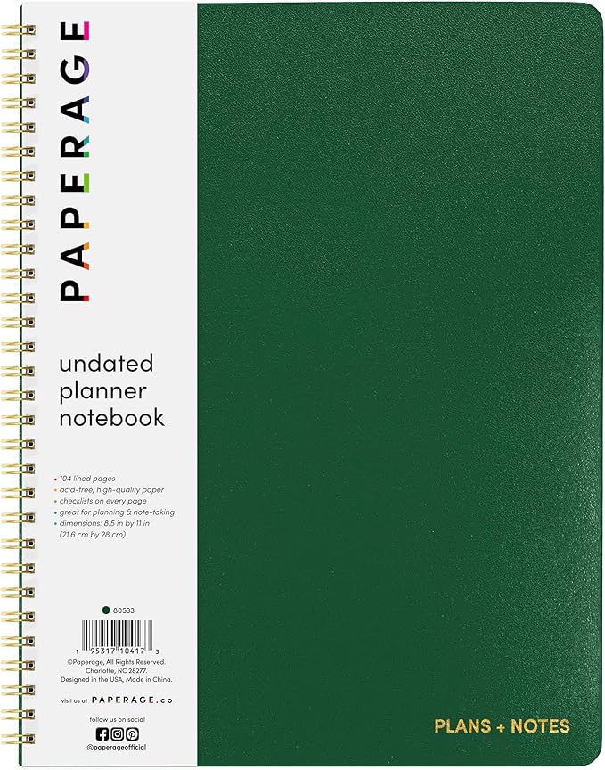 PAPERAGE Undated Daily Planner & To Do List Notepad (Dark Green), 8.5 in x 11 in, Spiral Bound Planner Notebook for Work, School or Home, 104 Lined Pages With Date Tracker for Plans & Notes