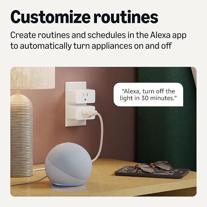 Amazon Basics Smart Plug with Timer Function, Voice Control, WiFi Outlet, Works with Alexa Only, Schedule, APP Control, 2.4 GHz Wi-Fi, No Hub Required, 2-Pack, White