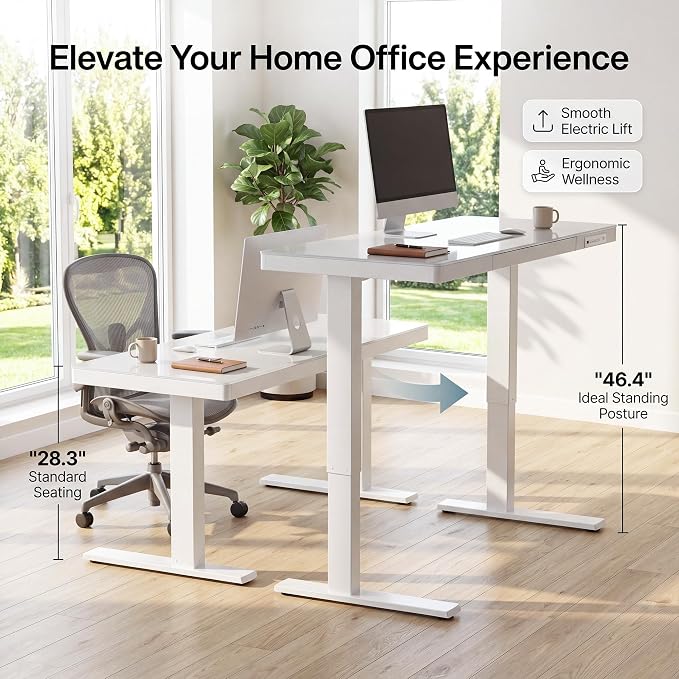 Realbear Glass Standing Desk with Drawer, Electric Standing Desk, Height Adjustable Desk with One-Piece Tabletop & USB Charging Ports