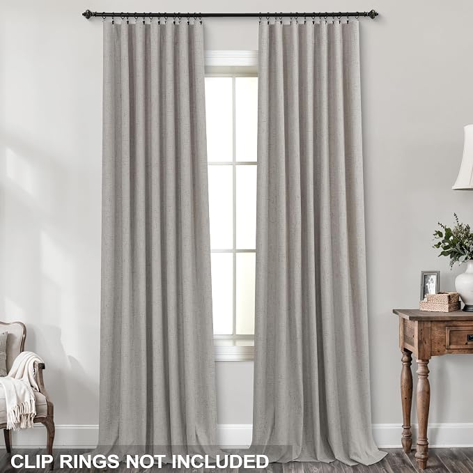 KOUFALL Stone Grey Blackout Curtains 90 Inches Long for Bedroom,Linen Back Tab Black Out Drapes for Living Room