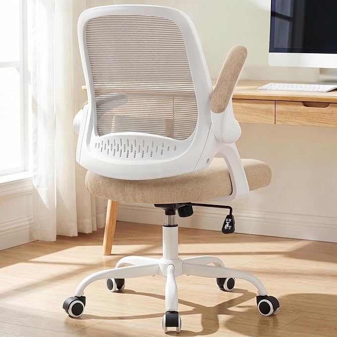 NEO CHAIR Office Computer Chair Ergonomic Mesh Back Flip-Up Arms, Beige | Lumbar Support, Smooth-Rolling Casters, Height Adjustable Seat, Comfortable Seating for Office, Study and Computer Work