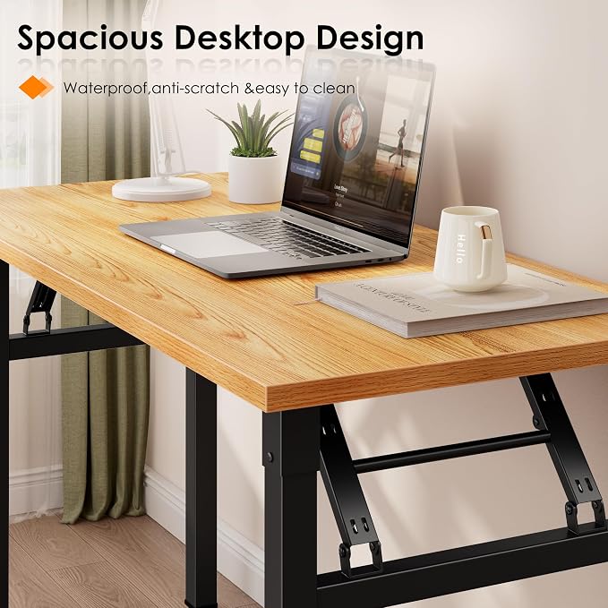Need 35.8 Inch Folding Desk for Small Spaces, Home Office Computer Desk with Teak Wood Top & Black Frame, Foldable Writing Table for Study, Bedroom, Dorm Room & Student