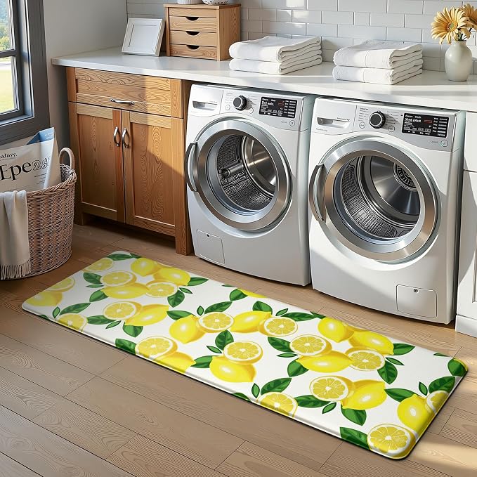 MAYHMYO Lemon Kitchen Decor Mat Set, 2PC Kitchen Mats, Anti Fatigue | Lemon Pattern,Lemon decor,Yellow docor,Cushioned comfort,Non-slip backing,Easy to clean,Water-resistant,Kitchen,Laundry
