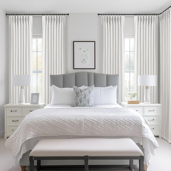 PleatedDrapes 100% Blackout Pure White Curtains 78 Inches Long 2 Panel Set for Nursery, Memory Shape Pinch Pleat Double Layer Thick Linen Blend Modern Window Drapes Thermal Kids Room Darkening Curtain