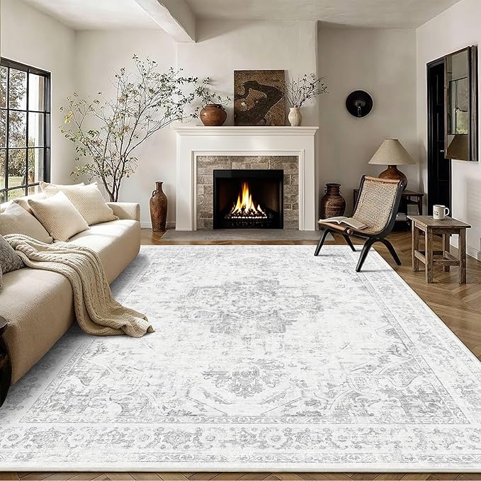 8x10 Vintage Washable Area Rugs Boho Medallion Large Distressed Retro Accent Carpet Floral Non-Slip Soft Low Pile Indoor Throw Rug for Living Room Bedroom Dining Room Office Kitchen, Gray