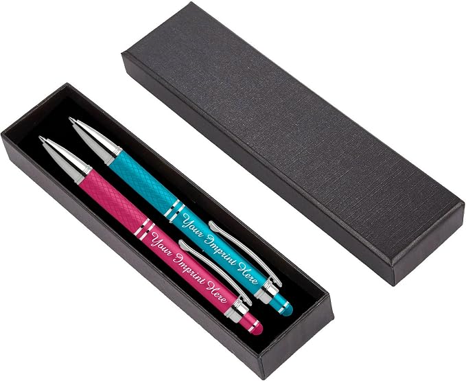Custom Engraved Personalized Pen Gift Set - 2 Pack of Soft Touch Metal Ballpoint Pens with Gripper & Gift Box - Luxury Customized Pens with Name (Teal-Pink)