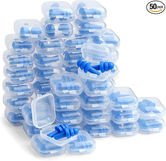 50 Pair Silicone Ear Plugs in Plastic Cases Soft Reusable Comfortable in Bulk Hearing Protection Water Earplugs Shower Diving Surfing Waterproof Sports Reusable Ear Plugs for Swimming Adults