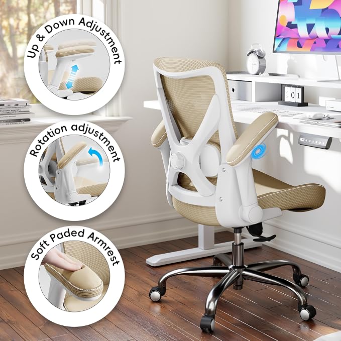 Ergalithic Office Home Ergonomic Desk Chair-Computer X-Shaped Chair Mesh PU Leather with Adjustable Lumbar Support-Executive Chair High Back Flip-Up Arms for Long Hours (Khaki-No Headrest)