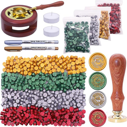 SWANGSA Christmas Wax Seal Kit - 1450pcs Beads, Santa Claus Stamp, Warmer, Spoon, Pens and Tealight Candles for Envelopes, Letters, Crafts, Gift
