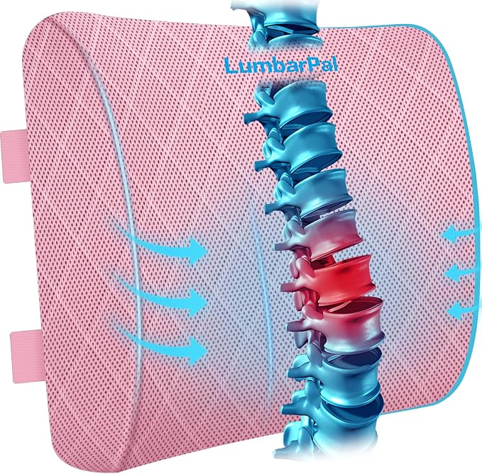 Lumbar Support Pillow for Office Chair Back Support Lumbar Pillow for Car, Gaming, Office Chair - Improve Sitting Posture & Back Pain Relief, Memory Foam, Adjustable Straps, Pink