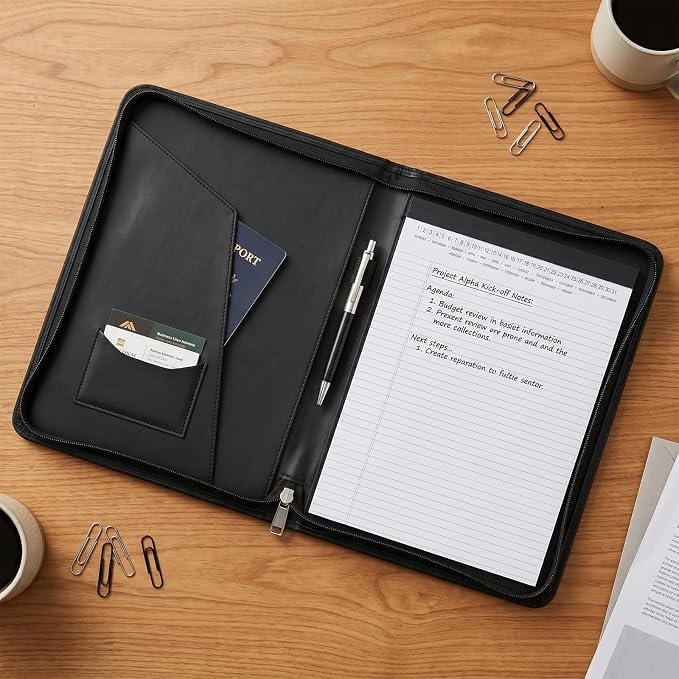 OOWOLF Padfolio Portfolio Folder, PU Leather Professional with 8.5 x 11 Letter Size Writing Pad Interview Resume Document Organizer Business Card Holder Zippered Closure