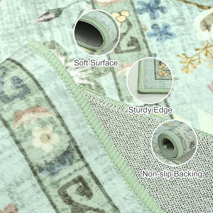 Vasofe 8x10 Area Rug for Living Room, Washable Rugs for Bedroom Room, Dining Room, Vintage Floral Indoor Non Slip Carpet Farmhouse Light Green Throw Carpets Soft Low Pile Mat for Classroom Playroom