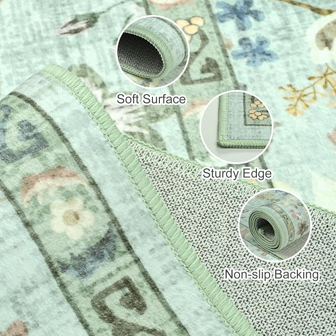Vasofe 3x5 Area Rug for Bedroom, Washable Rugs for Living Room, Laundry, Kitchen, Vintage Floral Indoor Non Slip Carpet Farmhouse Green Throw Carpets Soft Low Pile Mat for Dorm Bedside Entryway Office