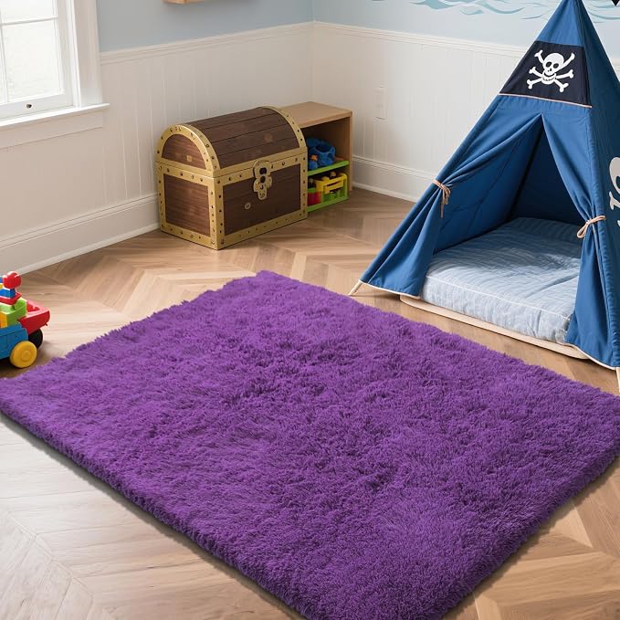 Purple Fluffy Rug Shag Area Rug, 5x8 Area Rugs for Girls Bedroom, Soft Play Mat, Indoor Floor Carpet for Teen, Preppy Dorm, Plush Aesthetic Bedside Rug