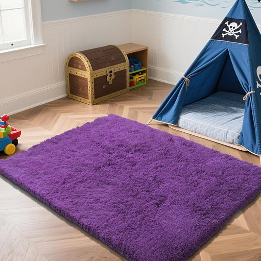 Purple Fluffy Rug Shag Area Rug, 5x8 Area Rugs for Girls Bedroom, Soft Play Mat, Indoor Floor Carpet for Teen, Preppy Dorm, Plush Aesthetic Bedside Rug