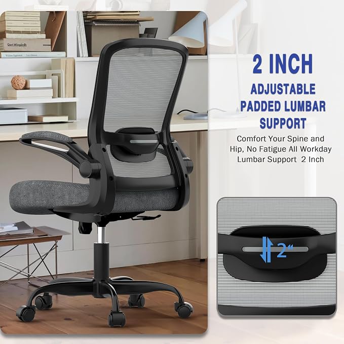 Mimoglad Ergonomic Office Chair - Desk Chair with Flip-up Armrests & 135° Recline, Adjustable Lumbar Support - Space-Saving Task Chair for Business/Team Office & Home (Iron Gray, 300lbs) | Supports 300 lbs · Seat 19.48"–23.4" · Breathable mesh · 20–30 ...