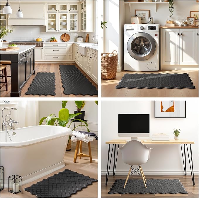 Arenarug Upgrade Scalloped Embossed Kitchen Mats for Floor 2PCS Cushioned Anti Fatigue Waterproof Foam Kitchen Rugs Non Slip Washable Comfort Standing Mat for Sink Laundry, 24"x39"+24"x59", Black