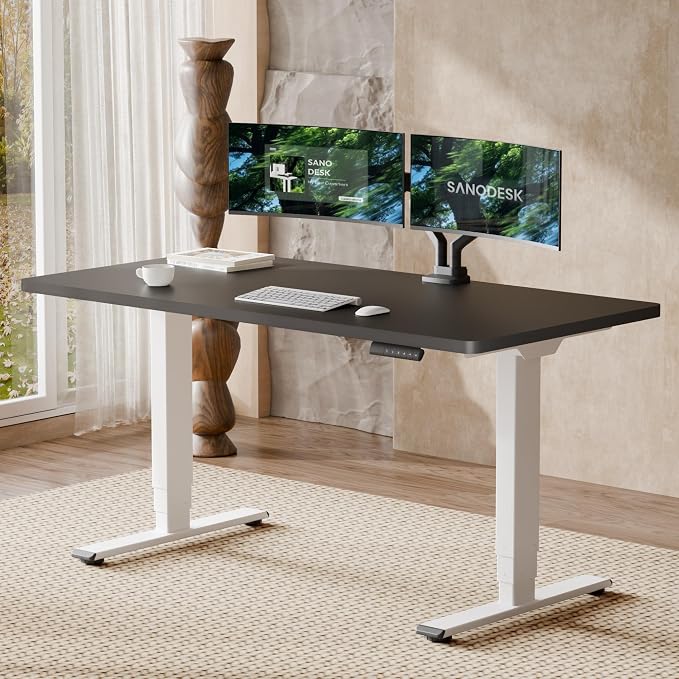 SANODESK Dual Motor Standing Desk 220lbs Height Adjustable Desk | 60"x24" Spacious One-Piece Black Desktop & White Frame, 4 Memory Presets, 3-Stage Legs, 220lbs, 2-Box for Home & Office