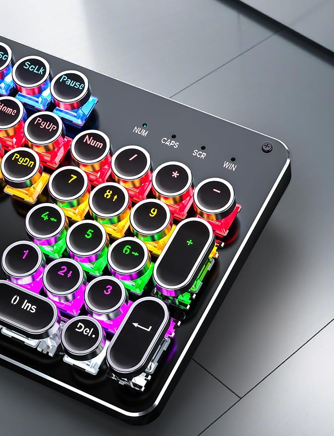 Typewriter Mechanical Gaming Keyboard and Mouse, Metal Panel Retro Keyboards with Round Keycap Blue Switch, Rainbow LED Backlit 104-Key Anti-Ghost Wired Mouse and Pad Combo for PC Laptop Mac Gamer