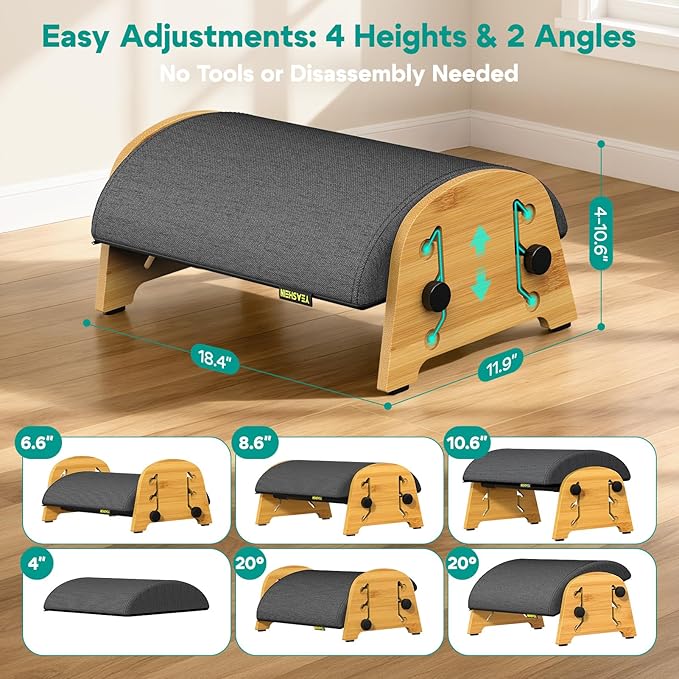 Ergonomic Foot Rest Under Desk at Work, Bamboo Wood Adjustable Foot Stool Under Desk with 6 Positions, Office Footrests with Memory Foam, Leg Rest Used for Car, Home, PC Gaming Accessories