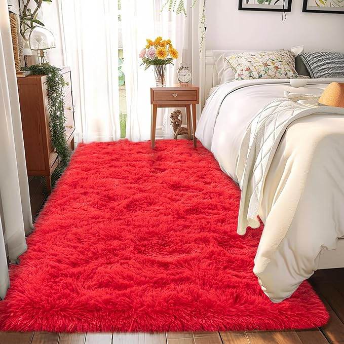 Awaytail 2x6 Fluffy Area Rug - Soft Shag Runner Rug for Bedroom - Non Slip Runner Living Room Rug Plush Carpet Runner Red