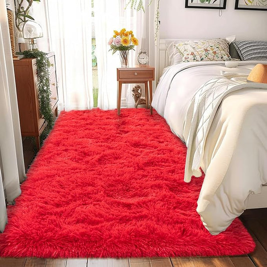 Awaytail 2x6 Fluffy Area Rug - Soft Shag Runner Rug for Bedroom - Non Slip Runner Living Room Rug Plush Carpet Runner Red
