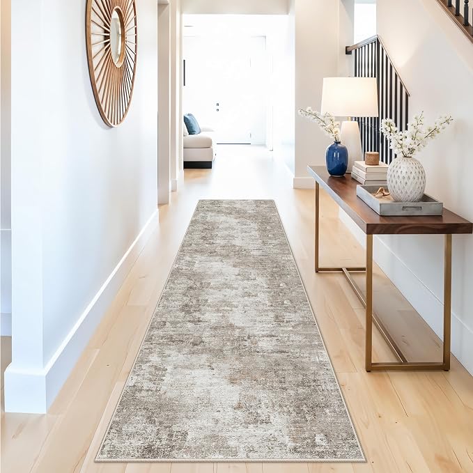 2x12 ft Long Hallway Runner Rug - Non-Slip Washable Soft Carpet Runners for Kitchen Hall Entryway Bathroom, Modern Abstract Neutral Low Pile Thin Stain-Resistant Floor Runner with Rubber Backing