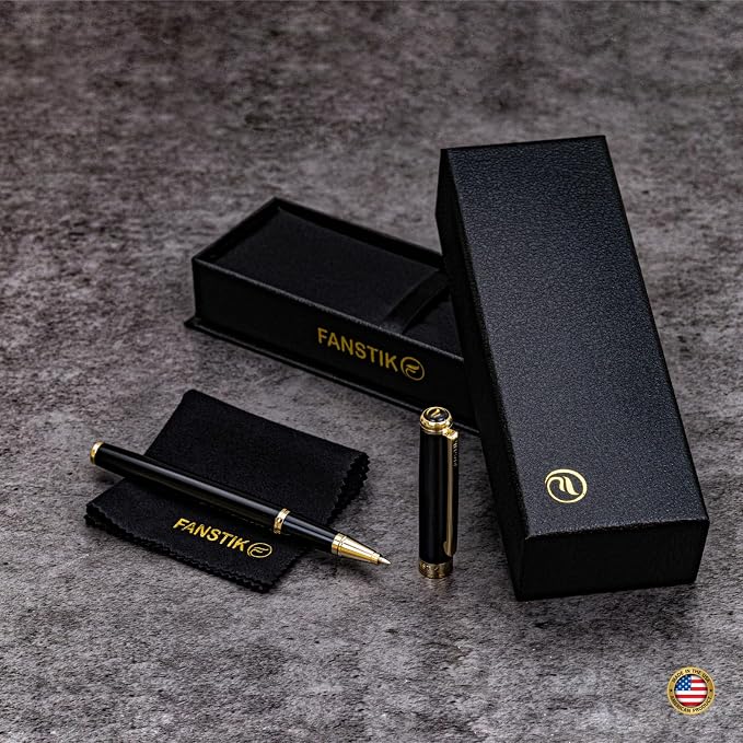 FANSTIK Customized Black & Gold Luxury Rollerball pen, fancy gift set for women, Real 24K Gold Plating, Professional executive pen gift set for men (Lux Custom-Rollerball Black-Gold)