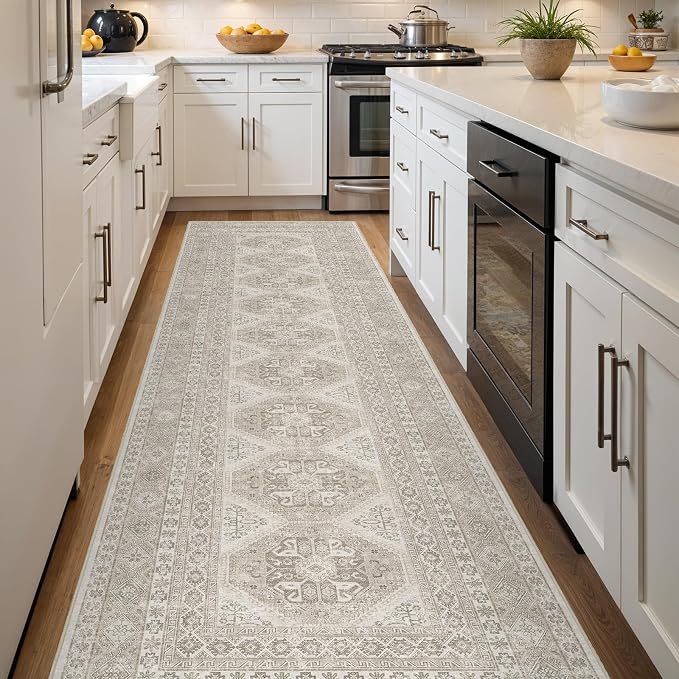3x12 Runner Rug Kitchen Washable:Oriental Indoor Hallway Runners with Non Slip Backing Floor Mat for Entryway Door Low Pile Thin Carpet for Bedroom Bathroom Living Room Bedside (Beige, 3x12)