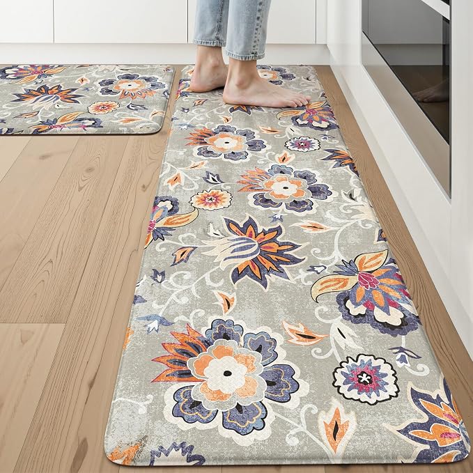 LEEVAN Anti Fatigue Kitchen Mats for Floor, Cushioned Kitchen Mat Set 2PCS | 17.3"x29"+17.3"x59", Boho Floral Blue Gray Kitchen Rugs Non-Slip, Waterproof Ergonomic Standing Mat for Laundry, Office, Sink