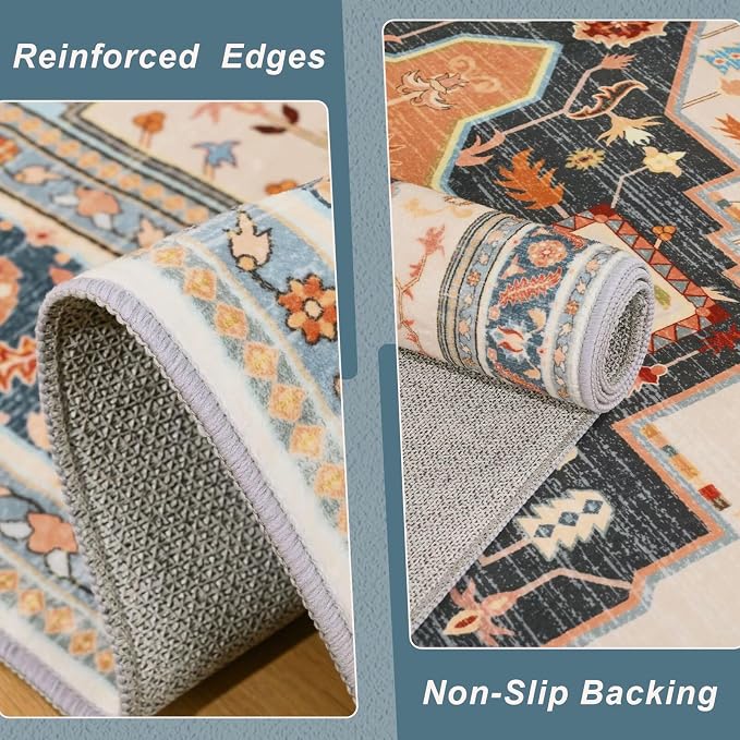 Macgace 6x9 Orange Beige Area Rug for Living Room, Machine Washable Rugs with Non-Slip Backing for Bedroom, Vintage Medallion Carpet Dining Room Office Kids Room Decor