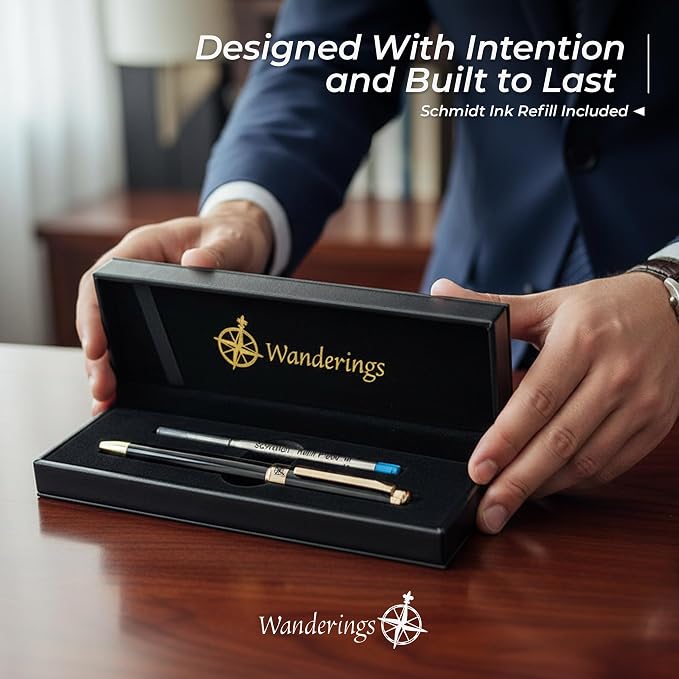 WANDERINGS Premium Rollerball Pen with German Ink – Perfectly Balanced for a Superb Writing Experience, 24K Gold Plated Black – Piano Black - Includes a Schmidt Refill in a Giftable Presentation Case