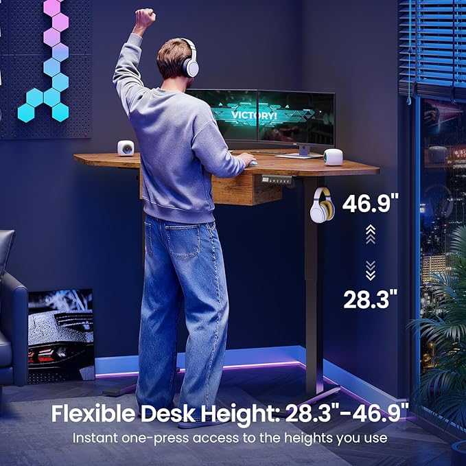SEDETA Corner Electric Standing Desk with Drawer for Gaming, Small Space | 32'' Small Height Adjustable Computer Desk, Stand up Home Office Writing Desk, Rustic Brown