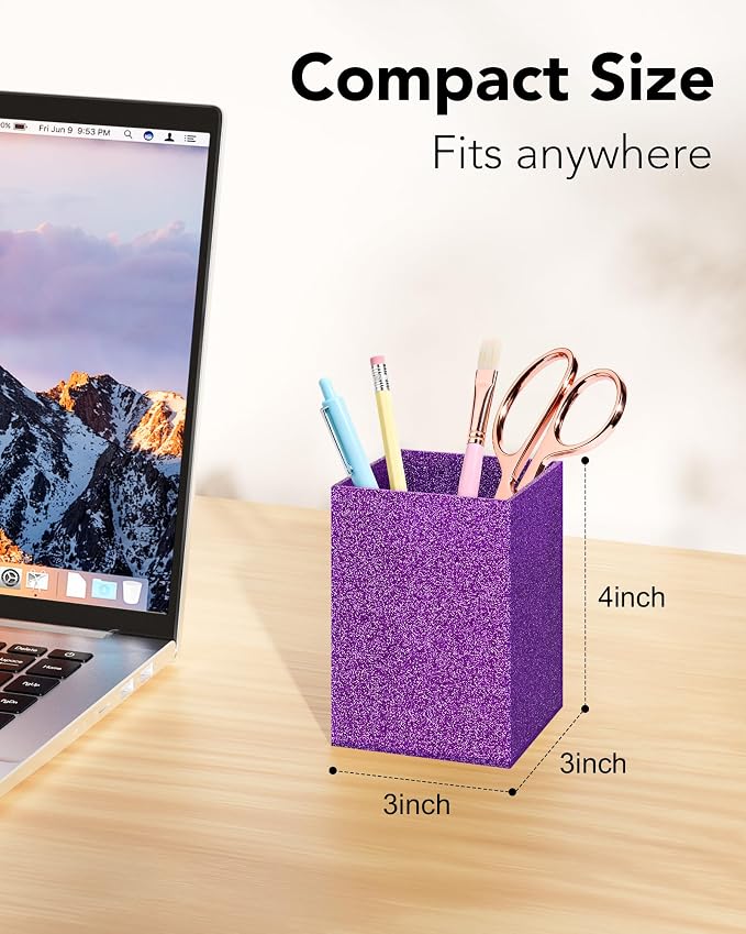 Acrylic Pen Holder Desk Organizer for Office, Purple Glitter | Sparkling glitter acrylic makeup brush and pencil holder for desk, Modern desktop organizer for home, school and office