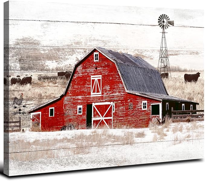 Large Country Barn Wall Art Farmhouse Wall Decor for Kitchen Dining Room Rustic Home Red Barn Windmill Landscape Painting Vintage Highland Cow Animal Poster Artwork Cabin House Decorations 32x48”