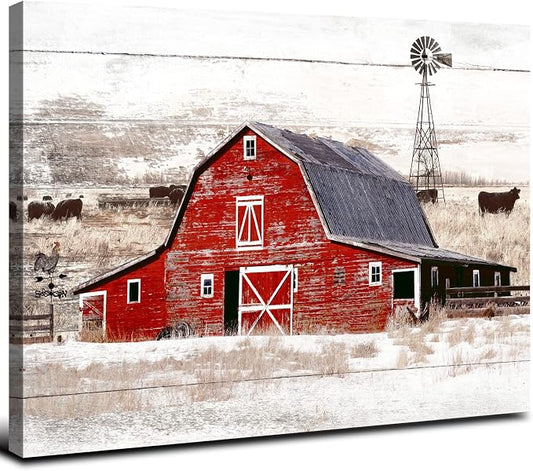 Country Old Barn Landscape Wall Art Farmhouse Windmill Wall Decor for Living Room Kitchen Office Vintage Highland Cow Poster Canvas Prints Rustic Meadow Scenery Painting Artwork Decorations 24x36”