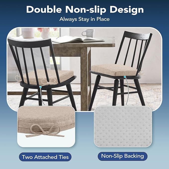 Chair Cushions for Dining Chairs, Non Slip Chair Pads with Ties and Washable Covers, Memory Foam Kitchen Chair Cushions Set of 4, 16"X16"X2.5", Oatmeal Beige
