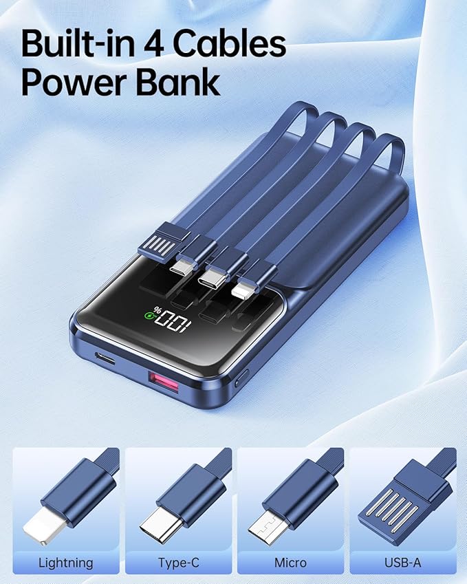 Portable Charger with Built in Cable - 20000mAh Fast Charging 22.5W Power Bank USB C LED Display Slim Battery Pack 5 Outputs & 3 Inputs for Travel Essentials iPhone Samsung Android Phones Tablets